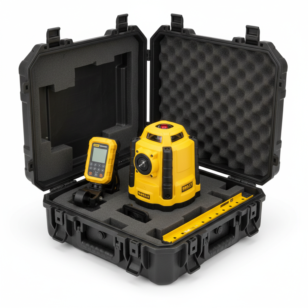 Rugged self-leveling rotary laser with detector, grade rod clamp and hard carrying case arranged as a complete kit