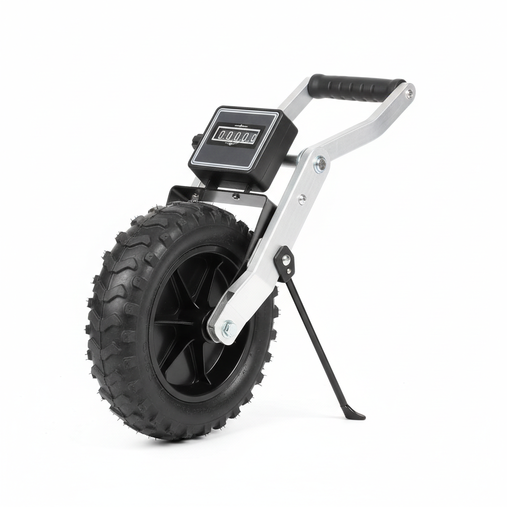 Professional aluminum measuring wheel with a large all-terrain wheel, mechanical counter, folding handle and kickstand