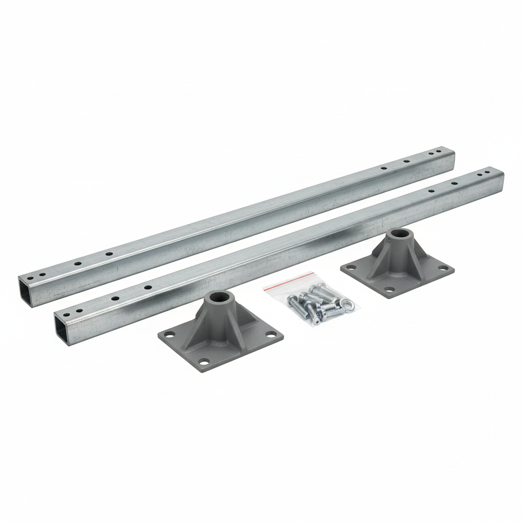 Two galvanized U-channel sign posts with driven anchor bases and mounting hardware arranged as a complete kit