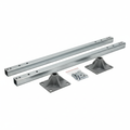 Two galvanized U-channel sign posts with driven anchor bases and mounting hardware arranged as a complete kit