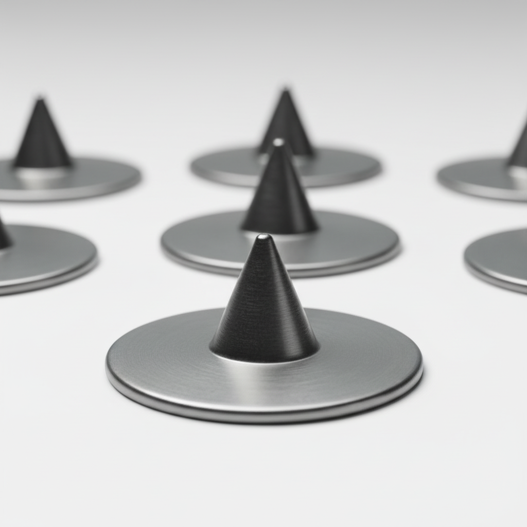 Close-up of a corrosion-resistant survey corner marker showing its center punch point and wide flange