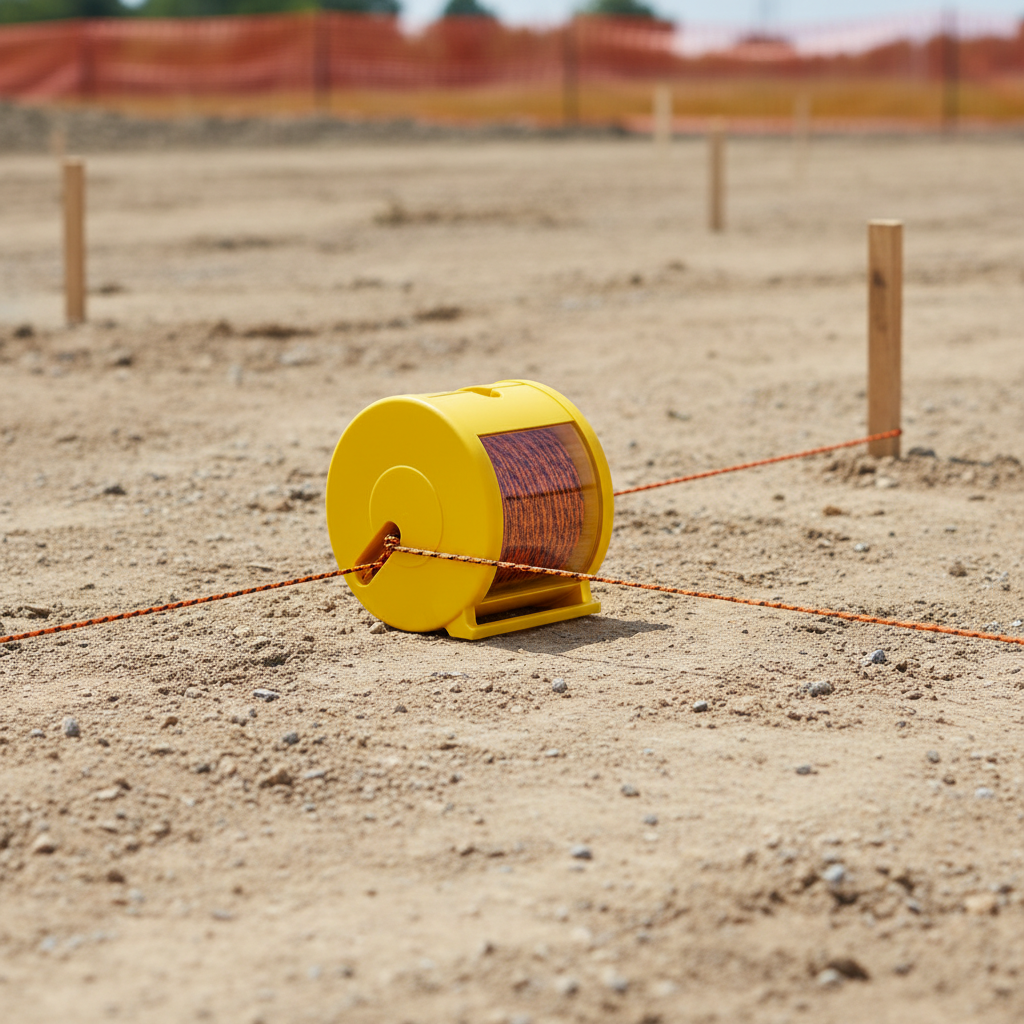 Bright yellow mason's string reel pulling braided line taut across survey stakes on a graded construction parcel