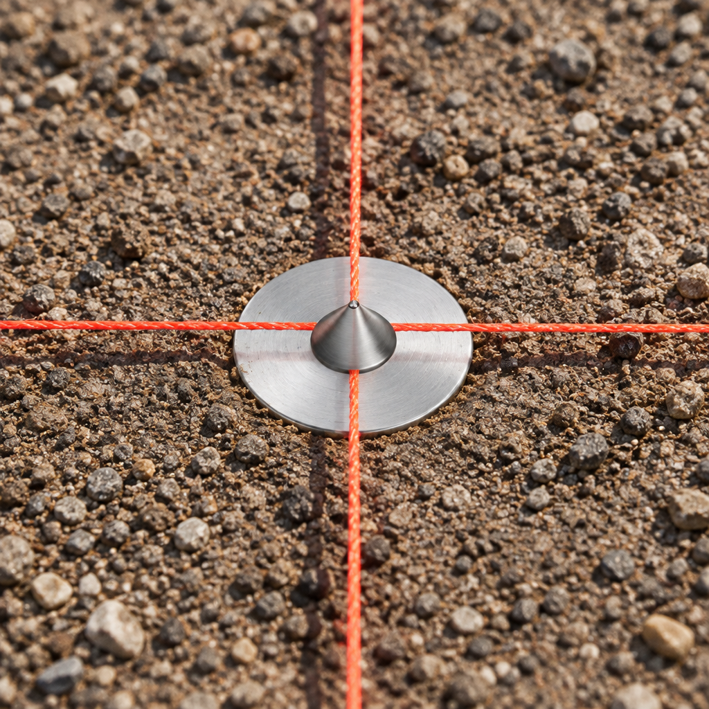 Metal survey corner marker set flush in compacted ground with its center punch aligned to crossed string lines