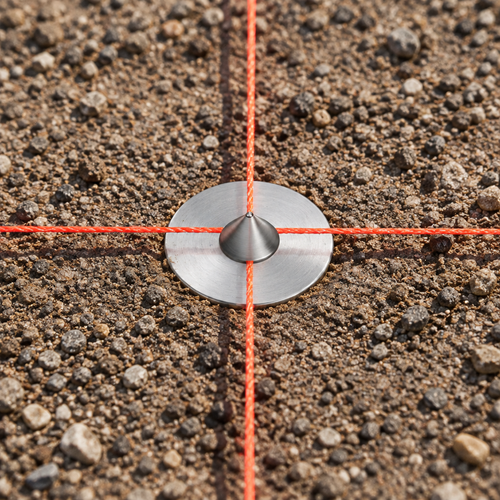Metal survey corner marker set flush in compacted ground with its center punch aligned to crossed string lines