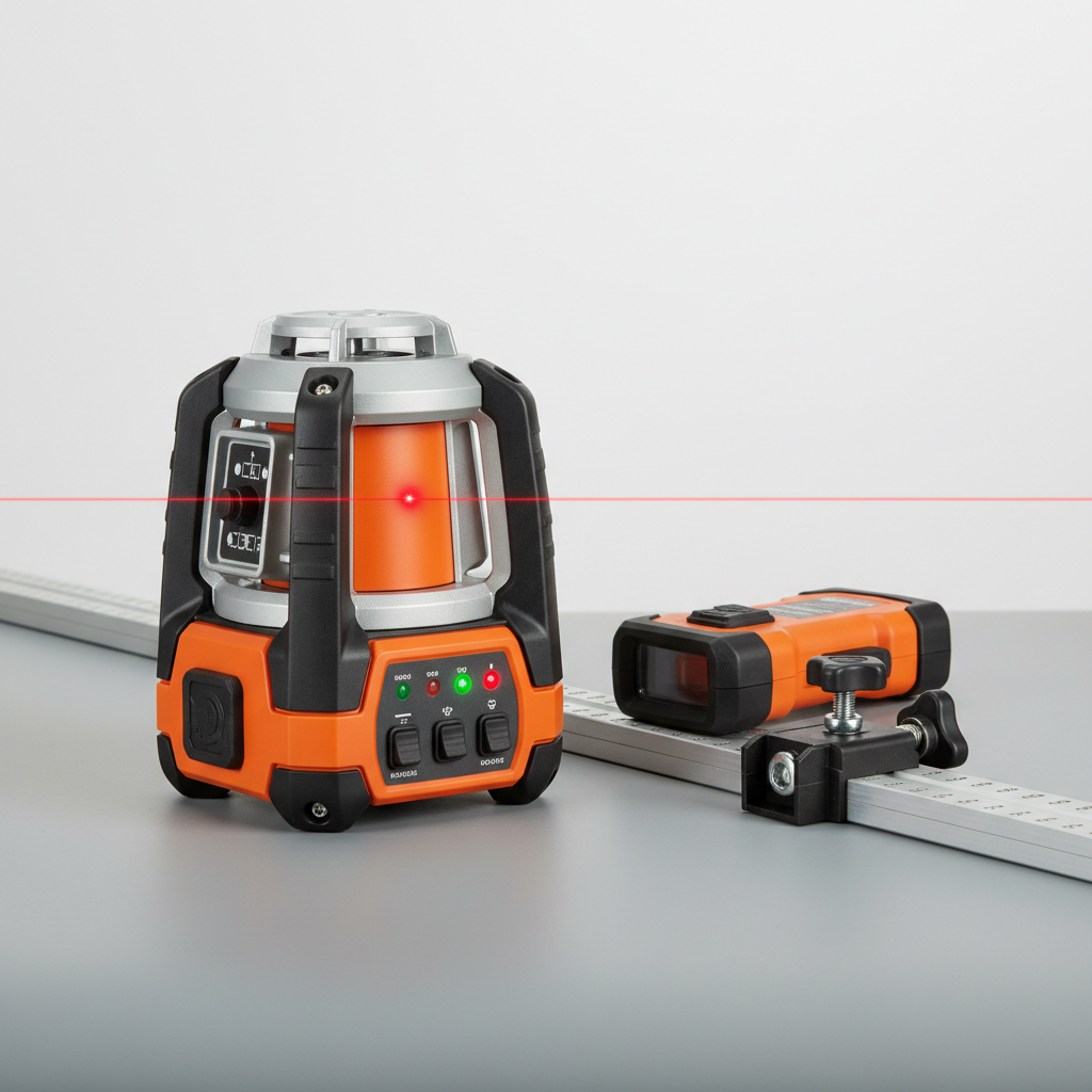 Close-up of a rotary laser head, control panel, detector and grade rod clamp
