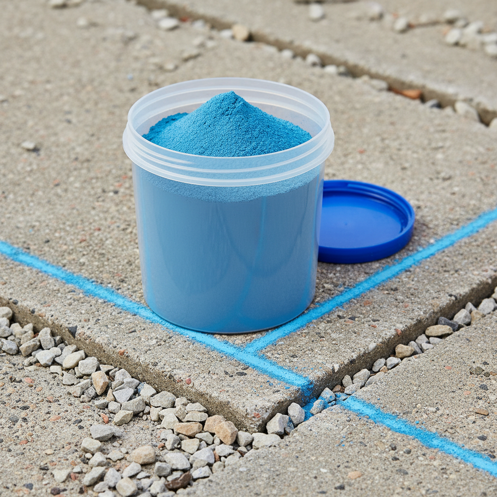 Blue marking chalk tub beside a crisp high-visibility blue layout line across concrete and gravel