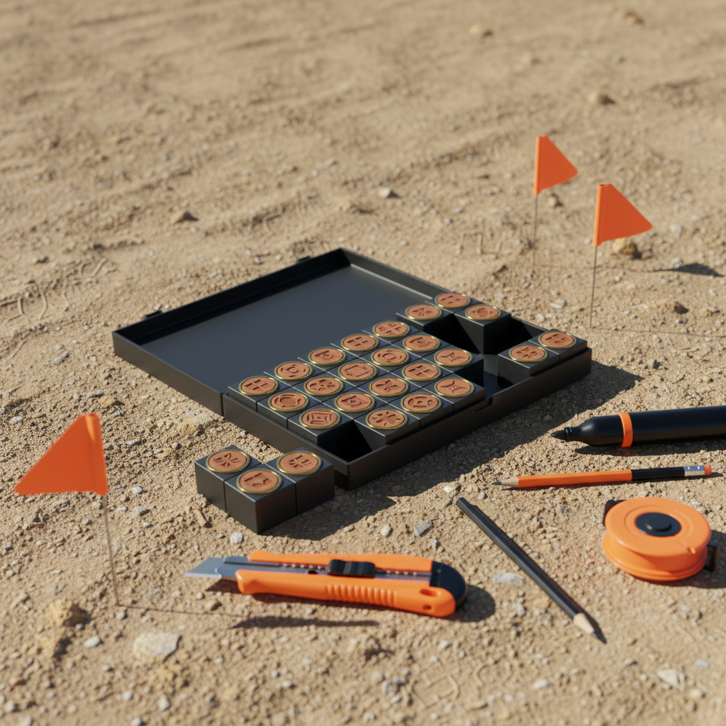 Modular marking kit and rugged storage case on compacted dirt with selected orange-accented tools laid out