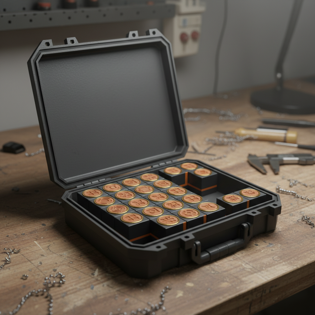Open modular marking kit storage case with orange-accented interlocking tools organized on a workbench