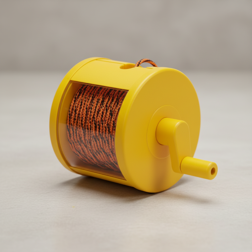 Close-up of a bright yellow enclosed mason's string reel with braided nylon line and comfort crank