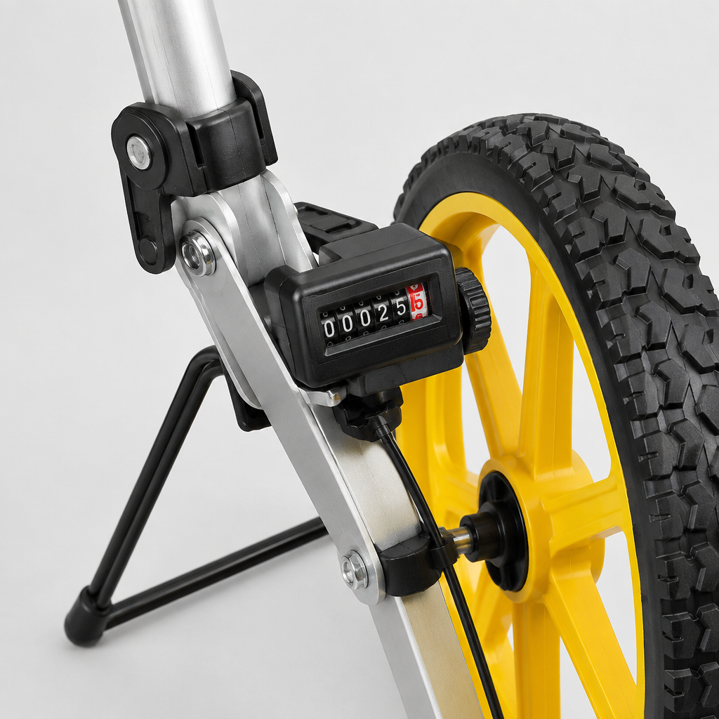 Close-up of the measuring wheel distance counter, folding hinge and rugged all-terrain tread
