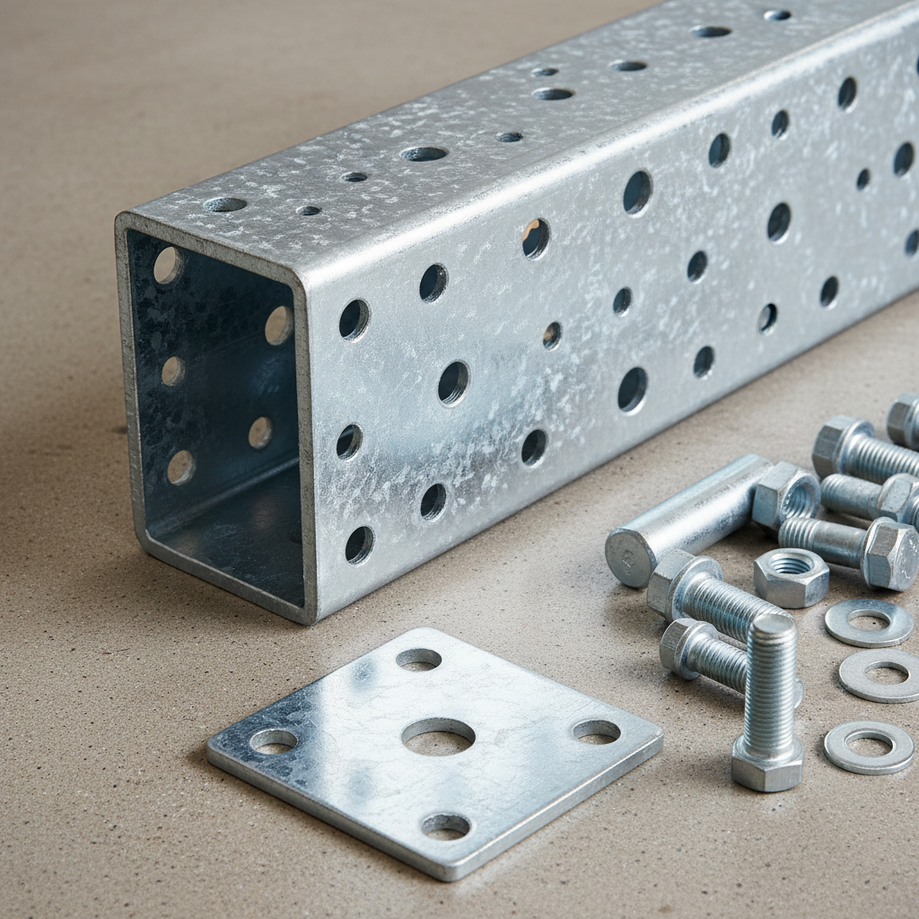 Close-up of galvanized U-channel post holes, anchor base and mounting hardware