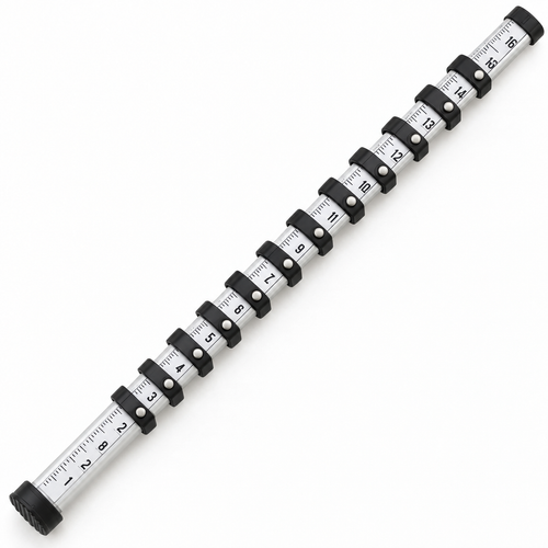 Telescoping 16-foot aluminum grade rod with high-contrast survey graduations and locking buttons