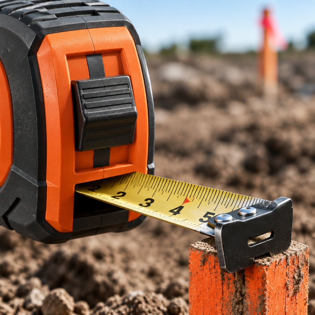 Close-up of a heavy-duty surveyor's tape measure grip, high-contrast steel blade markings and protective end hook anchored to a stake