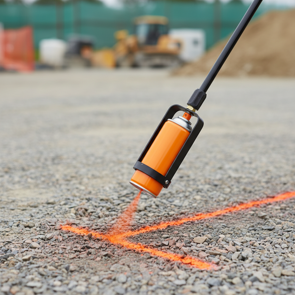 Fluorescent orange inverted marking paint can in a marking wand applying a crisp line on gravel