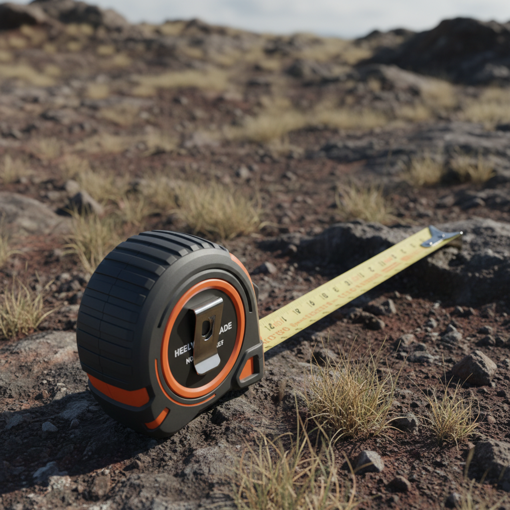 Heavy-duty steel-blade surveyor's tape measure extended across uneven terrain with its oversized grip prominent