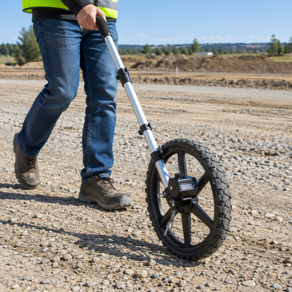 Professional aluminum measuring wheel being used across a graded dirt and gravel development parcel