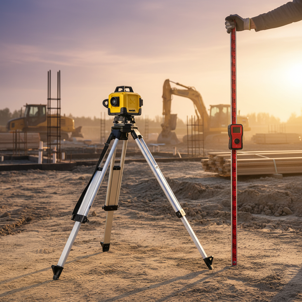 Self-leveling rotary laser mounted on a tripod on a building pad with detector attached to a grade rod