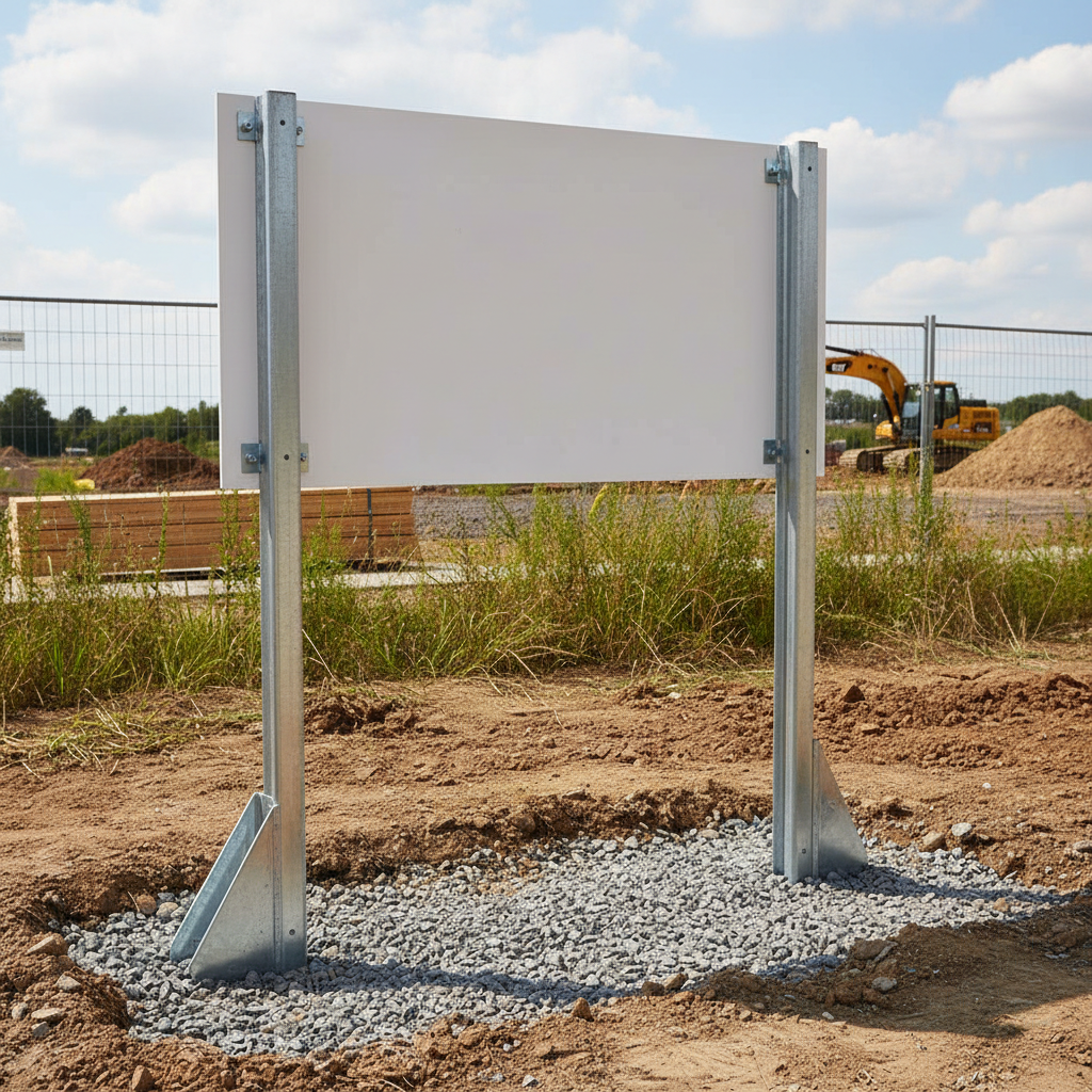 Two galvanized sign posts installed at a development entrance with a blank rectangular sign panel