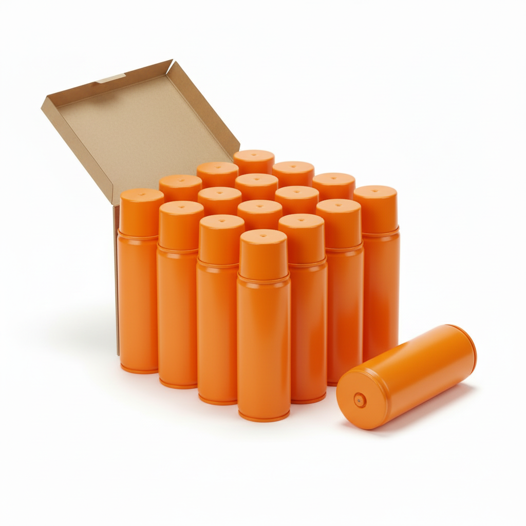 Open case of fluorescent orange inverted marking paint with one can displayed upside down