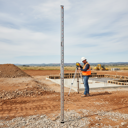 Telescoping aluminum grade rod extended on a graded construction parcel with a laser detector