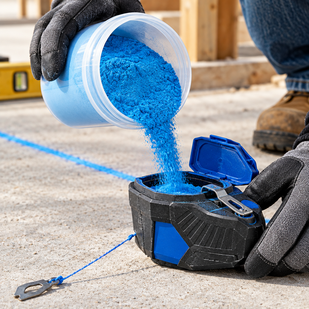 High-visibility blue marking chalk powder being poured into a standard chalk-line box